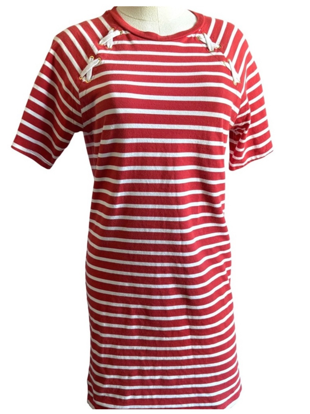 Ralph Lauren Red White Striped Lace Up Stretchy T- Shirt Dress Womens Large